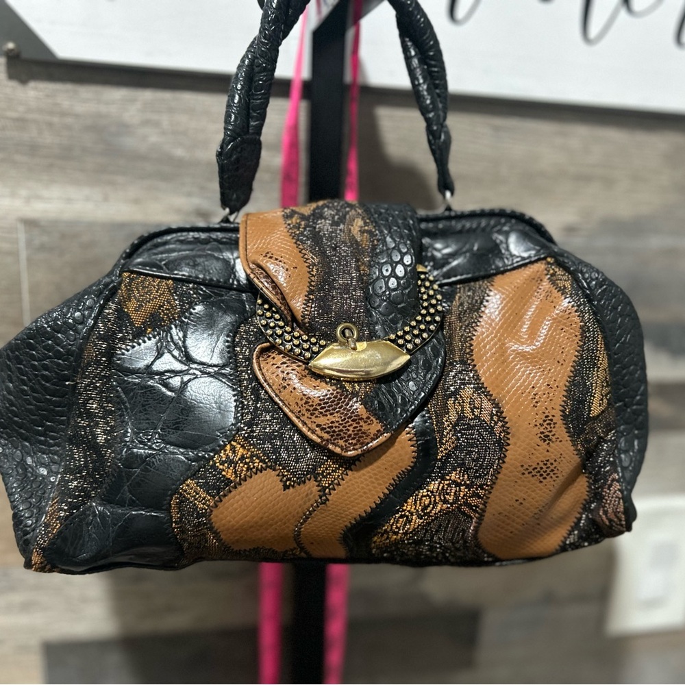 Elegant Black and Brown Mix Print with Leather Handbag